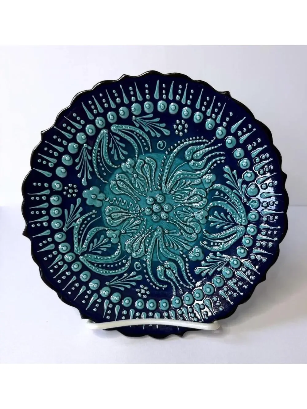 Handmade Blue Turquoise Ceramic Pottery Wall Plate Signed 7.5” Floral Art